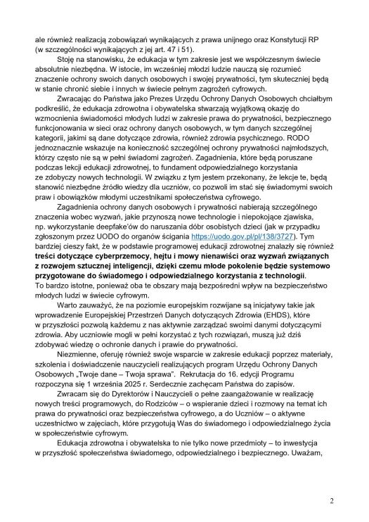 LIST OTWARTY Prezesa UODO do społeczności szkolnych dot. edukacji zdrowotnej page 0002