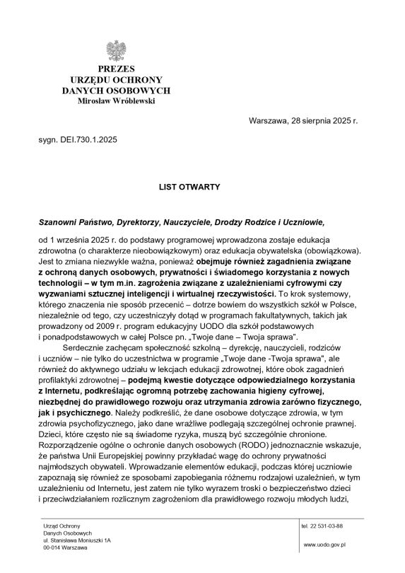 LIST OTWARTY Prezesa UODO do społeczności szkolnych dot. edukacji zdrowotnej page 0001